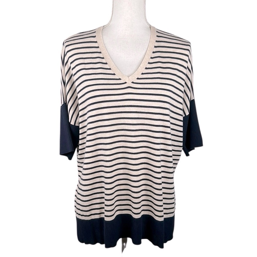 Weekend Max Mara Oversized Cream & Navy Blue Stripe‎ Knit V-neck Sweater Size XS